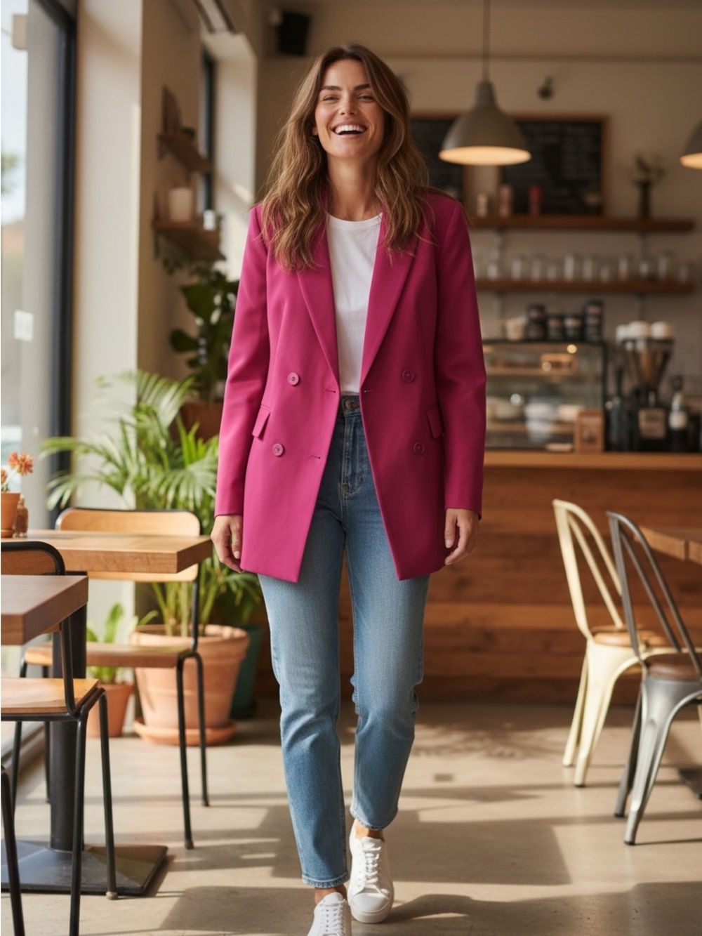 Zara Womens Fuchsia Double-Breasted Blazer